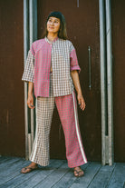 Front view of lady wearing Flannel Box Shirt - Strawberry Milk | Atmosea