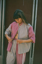 Lady wearing Flannel Box Shirt - Strawberry Milk | Atmosea