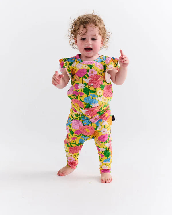 Follow The Sun Yellow Organic Short Sleeve Frill Romper by Kip & Co