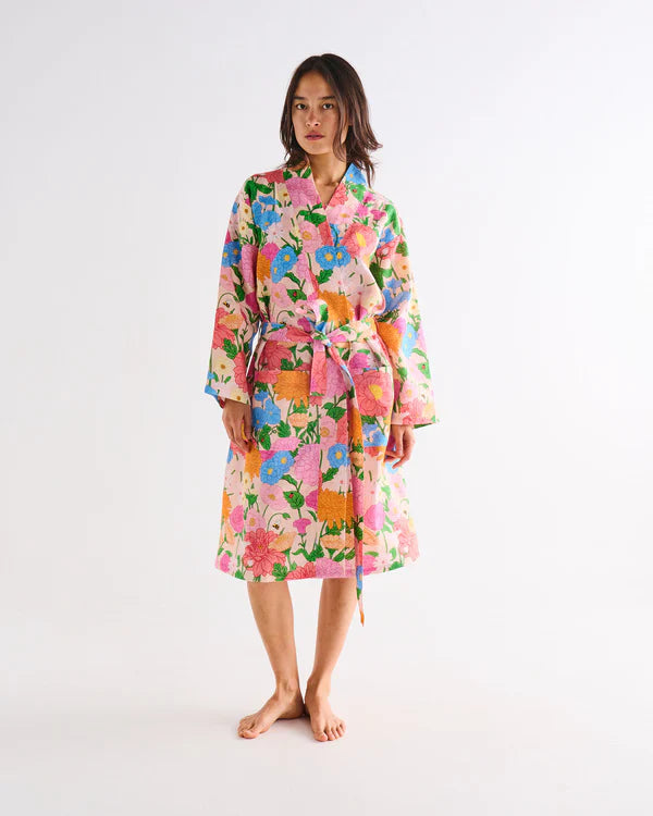Australian Linen robe with floral print - by Kip & Co with long sleeves, and knee length