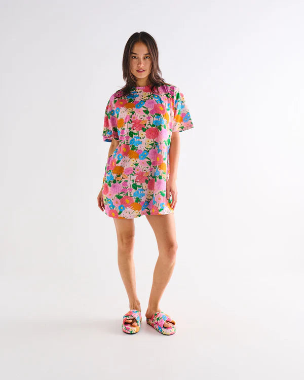 Model wearing Kip and Co pyjamas and Follow The Sun Quilted Velvet Adult Slippers by Kip & Co
