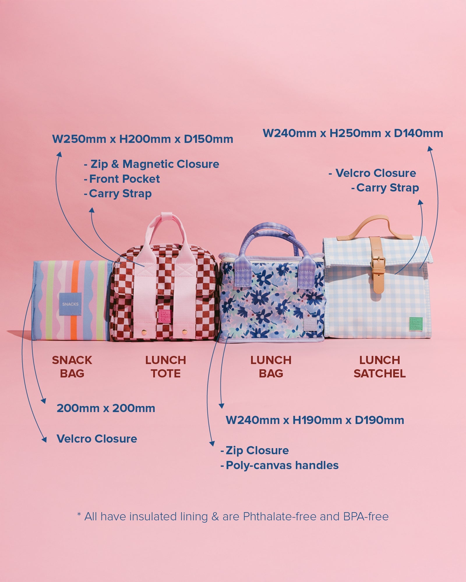 Open Foxwood lunch tote showing pink insulated interior lining with lunch containers inside