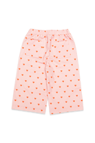 Flat lay back view of pink Fruit Loop Pants Hearts showing elastic waist and heart pattern