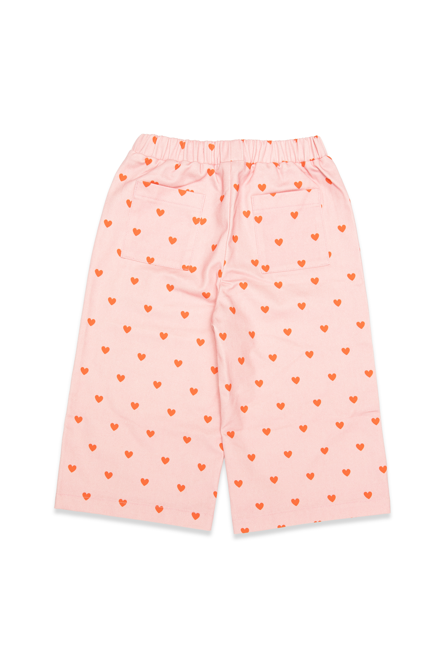 Flat lay back view of pink Fruit Loop Pants Hearts showing elastic waist and heart pattern