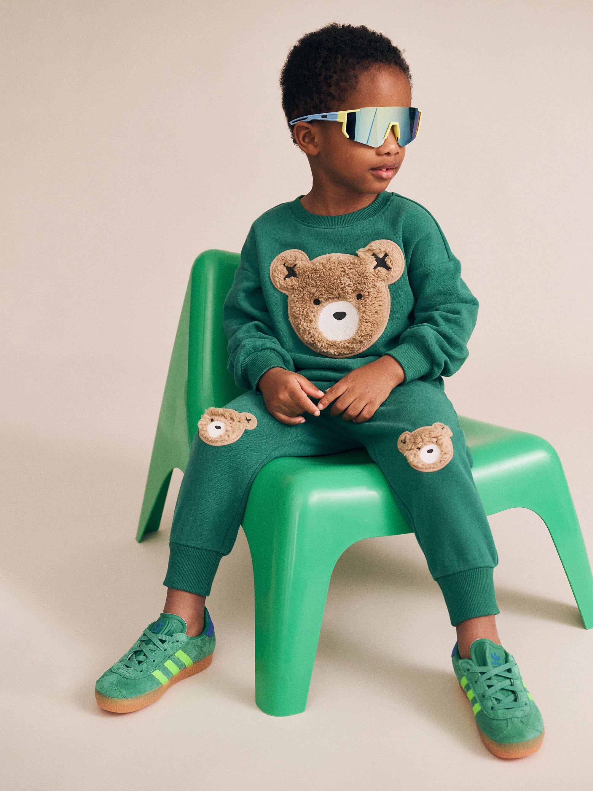 Boy wearing matching set pants with Furry Huxbear Emerald Sweatshirt | Huxbaby