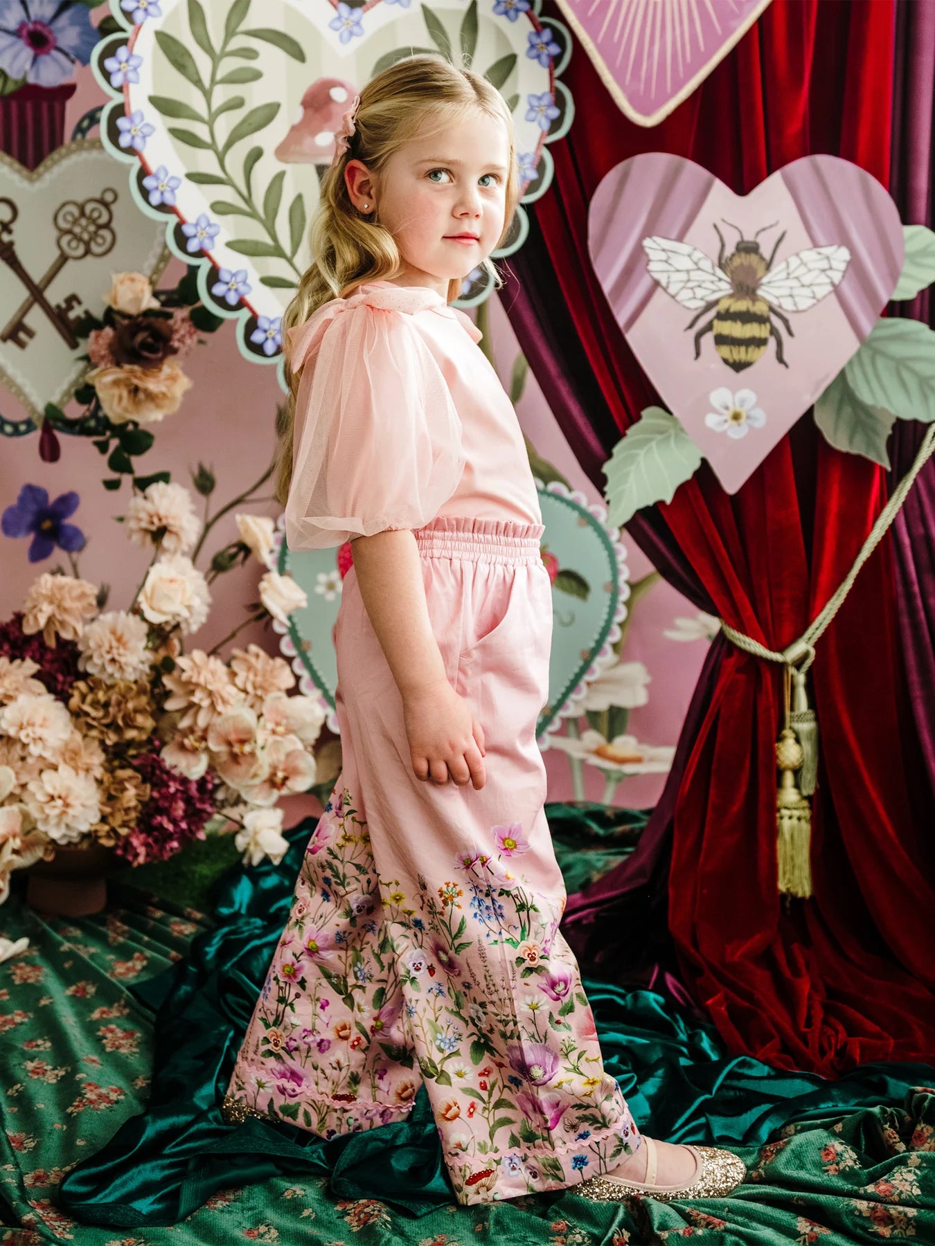 Young girl wearing Garden of Dreams Meadow Pant - Pink by Fleur Harris