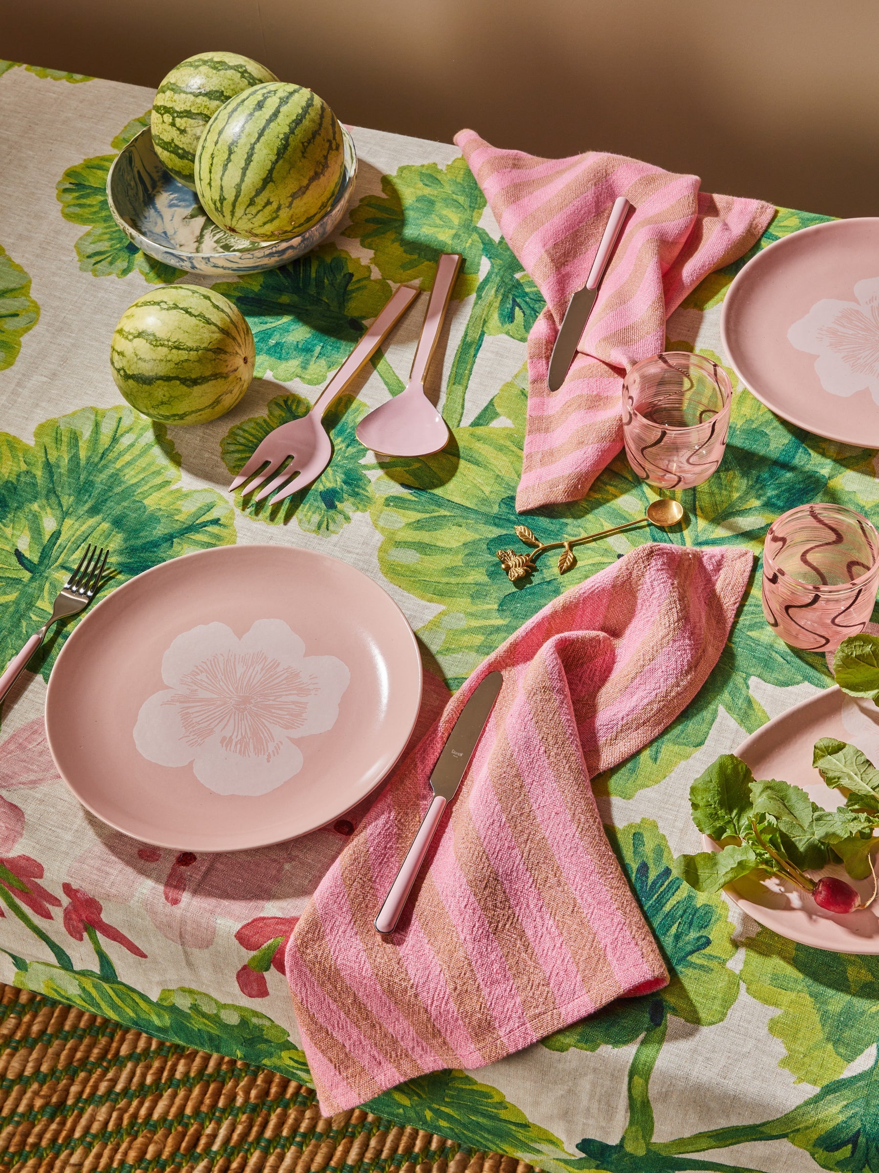 Geranium multi linen tablecloth by Bonnie & Neil with green floral design
