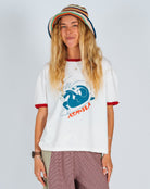 Front view of Atmosea Get Barrelled Artist Ringer Tee showing blue wave graphic and red trim details