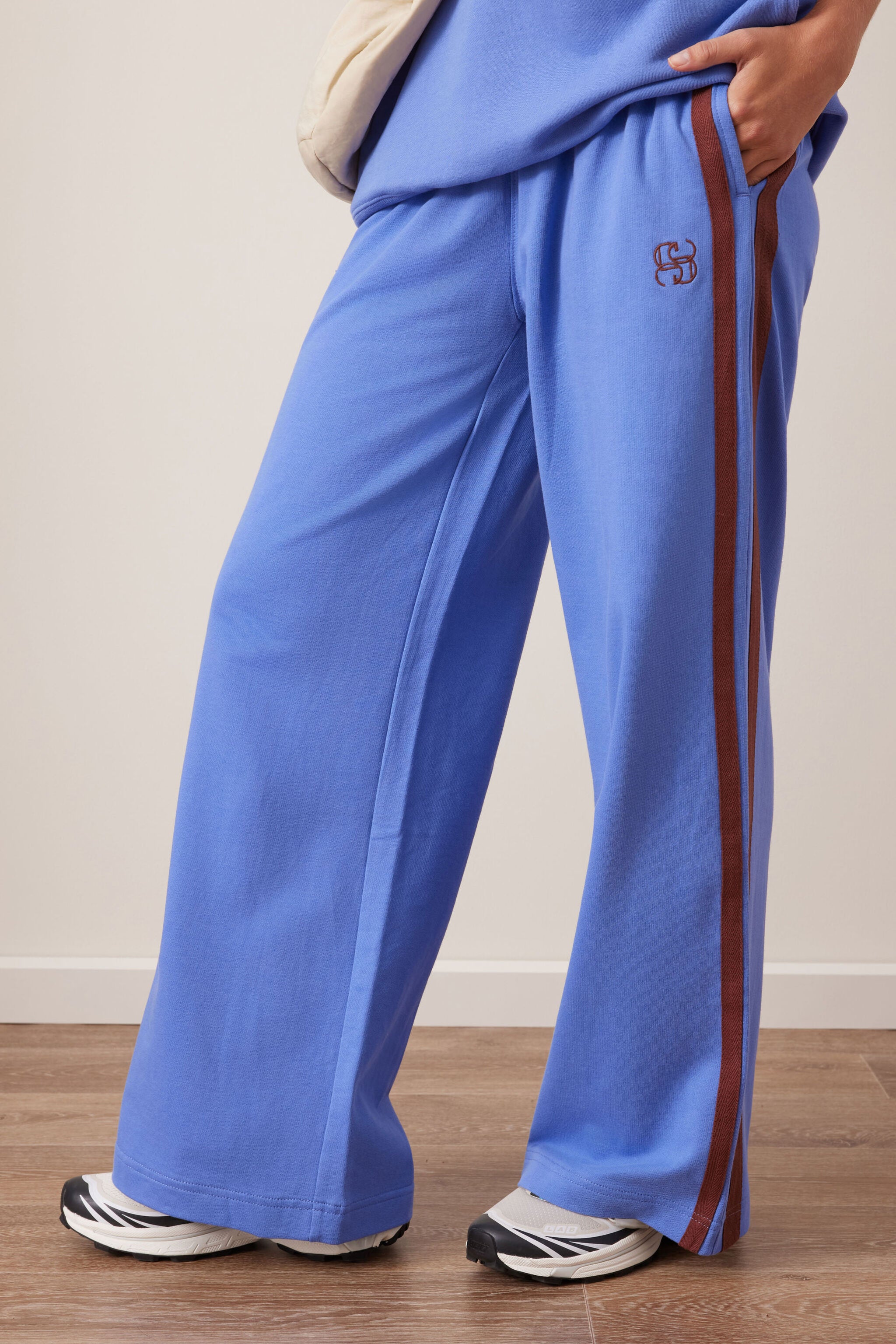 Gigi Wide Leg Terry Trackpant - Vintage Blue Mixed Side Stripe by Ceres Life