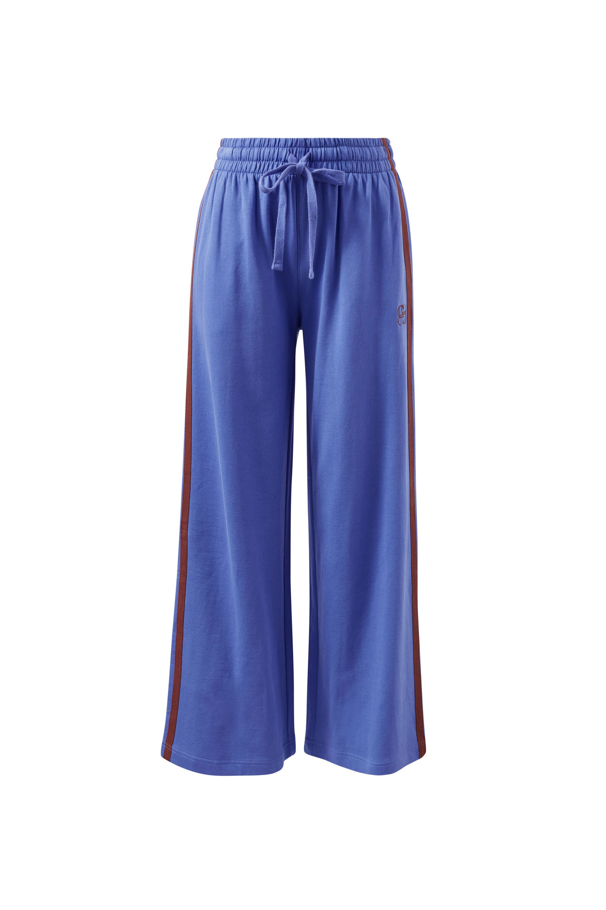 Front view of vintage blue wide leg terry trackpants with drawstring waist and side stripe