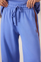 Detail view of elastic waistband and drawstring closure on vintage blue terry trackpants