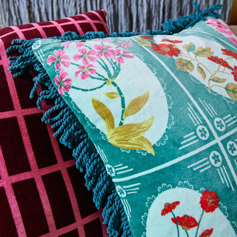 Close up detail of Gigi green Velvet Cushion forest by Sage & Clare