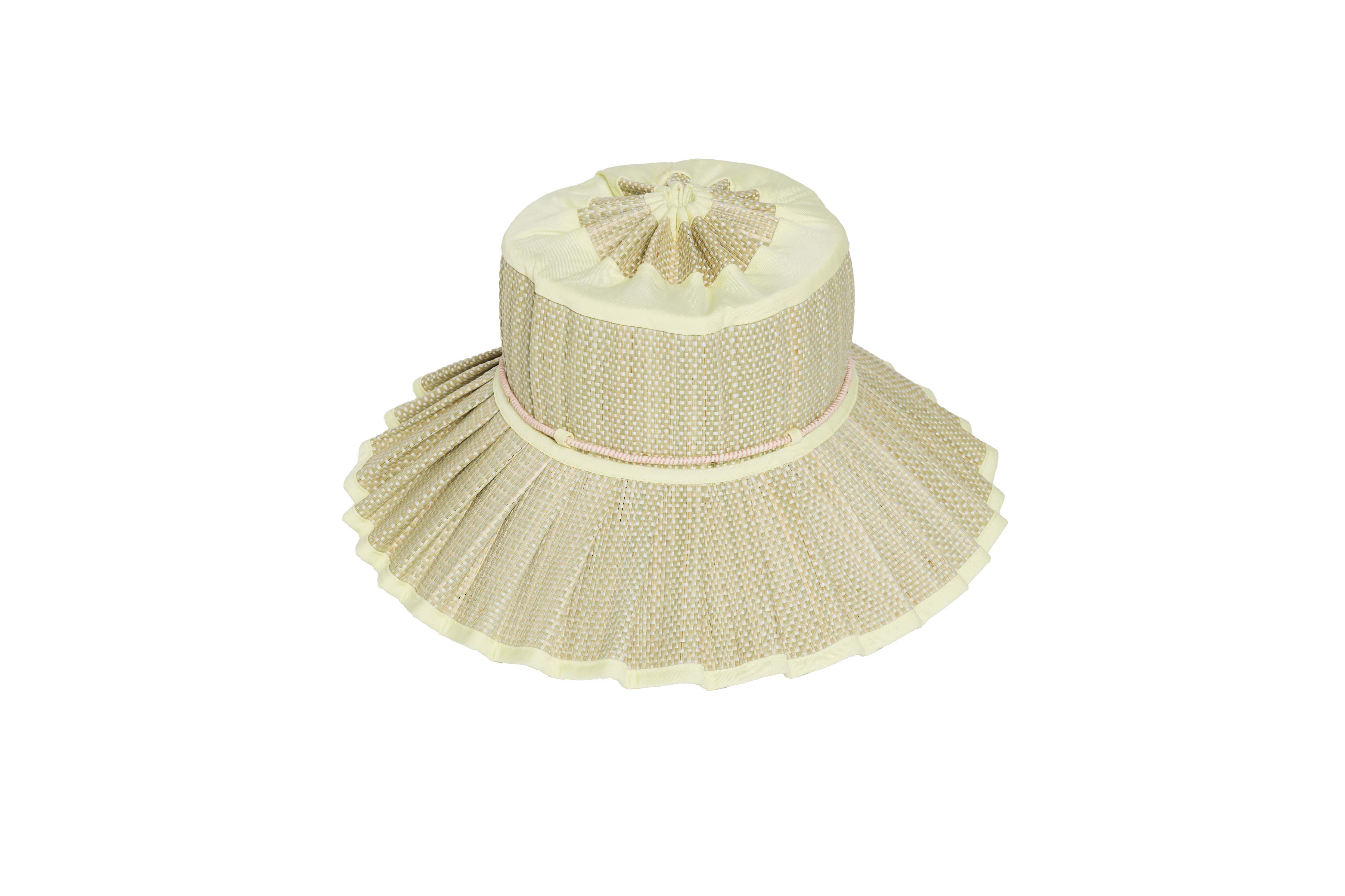 Overhead view of Lorna Murray Godesis Capri Play hat showing pleated brim construction and woven crown detail