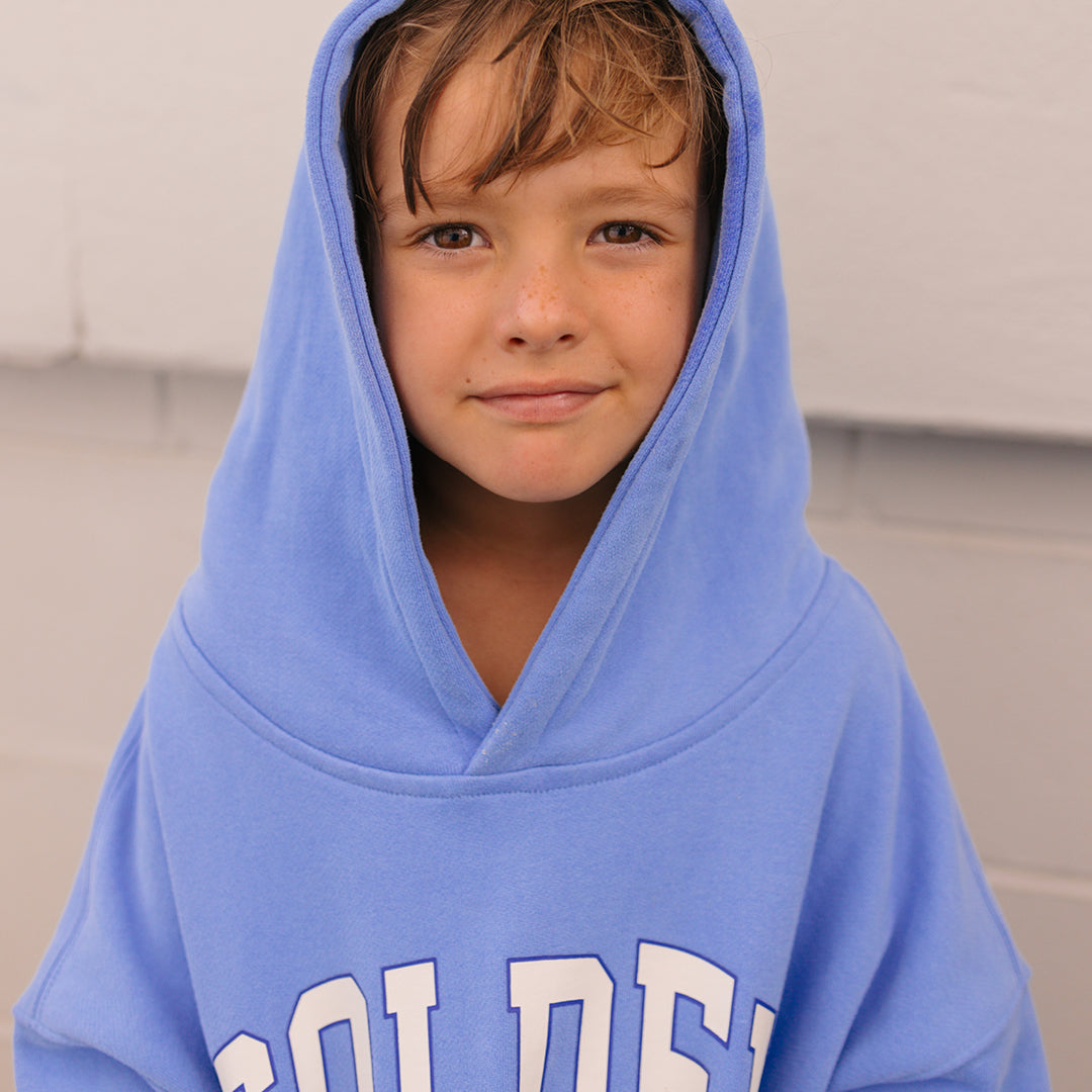 Front view of hood on the Golden Hoodie - Pool Blue | Golden Children