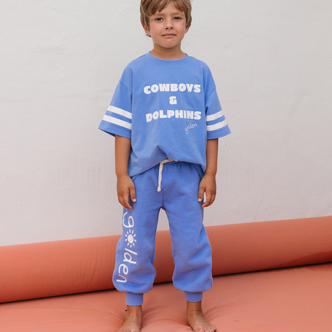 Young boy in the Golden Lounge Pants - Pool Blue | Golden Children