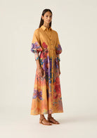 Grace Maxi Dress by Mos - long orange floral print dress with long sleeves and collar. Button up dress.