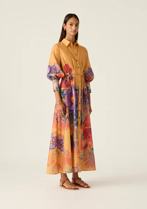 Grace Maxi Dress by Mos - long orange floral print dress with long sleeves and collar. Button up dress.