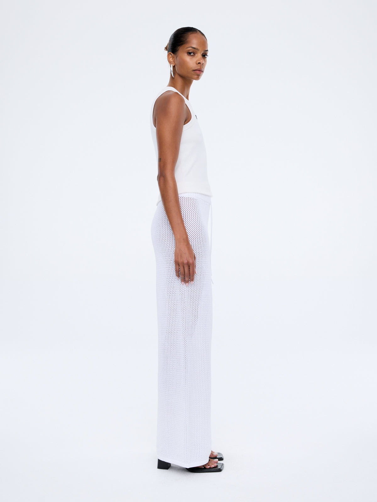 Ena Pelly Harper Crochet Pant vintage white cotton knitwear styled on model lifestyle shot