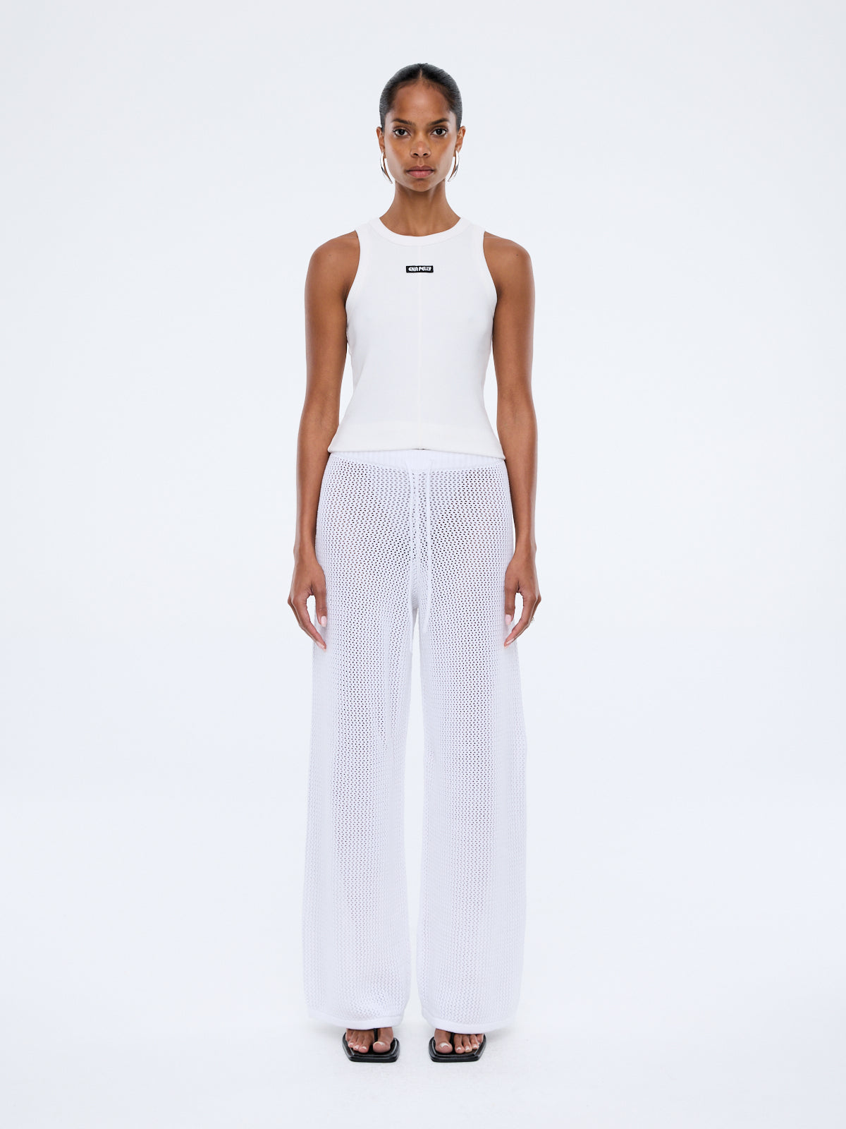 Harper Crochet Pant vintage white by Ena Pelly full length view showing relaxed modern fit