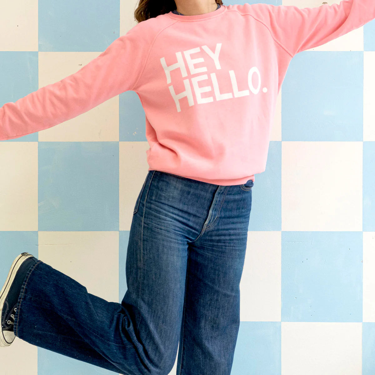 Pink and White slogan sweater hey hello from Castle and things