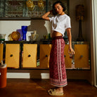 Full length front view of Sage Clare Hanna Knit Maxi Skirt showing geometric pattern and contrast waistband