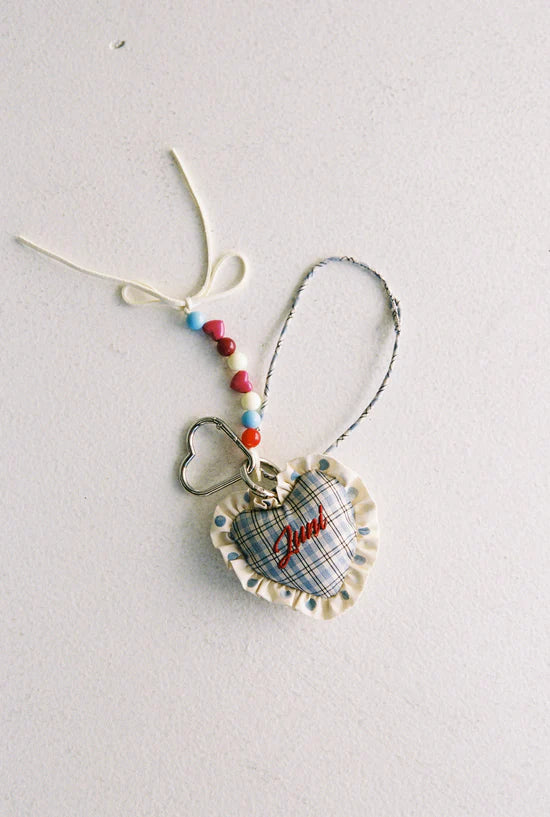 blue check bag charm by Juni