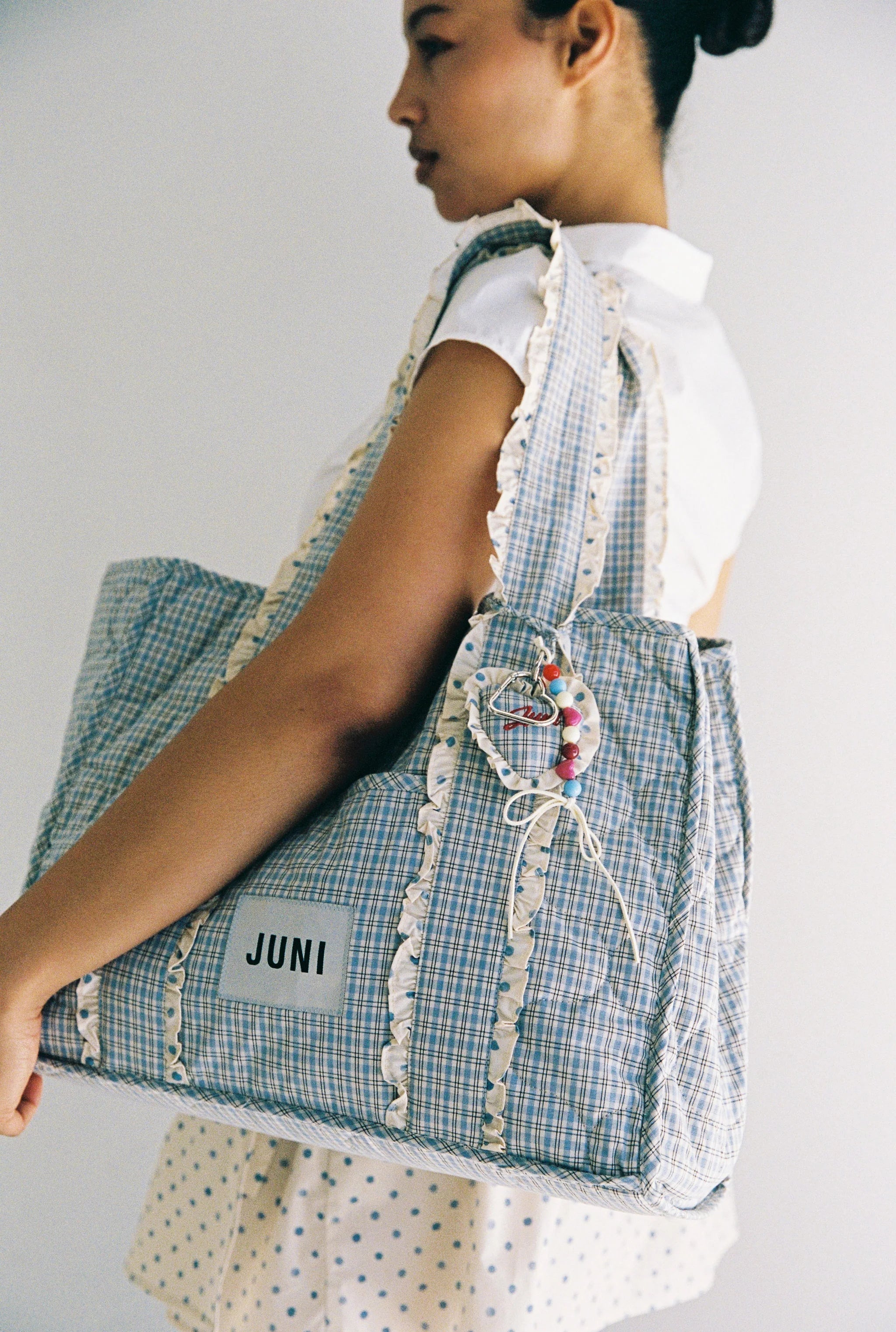 Heart Bag Charm blue check by JUNI