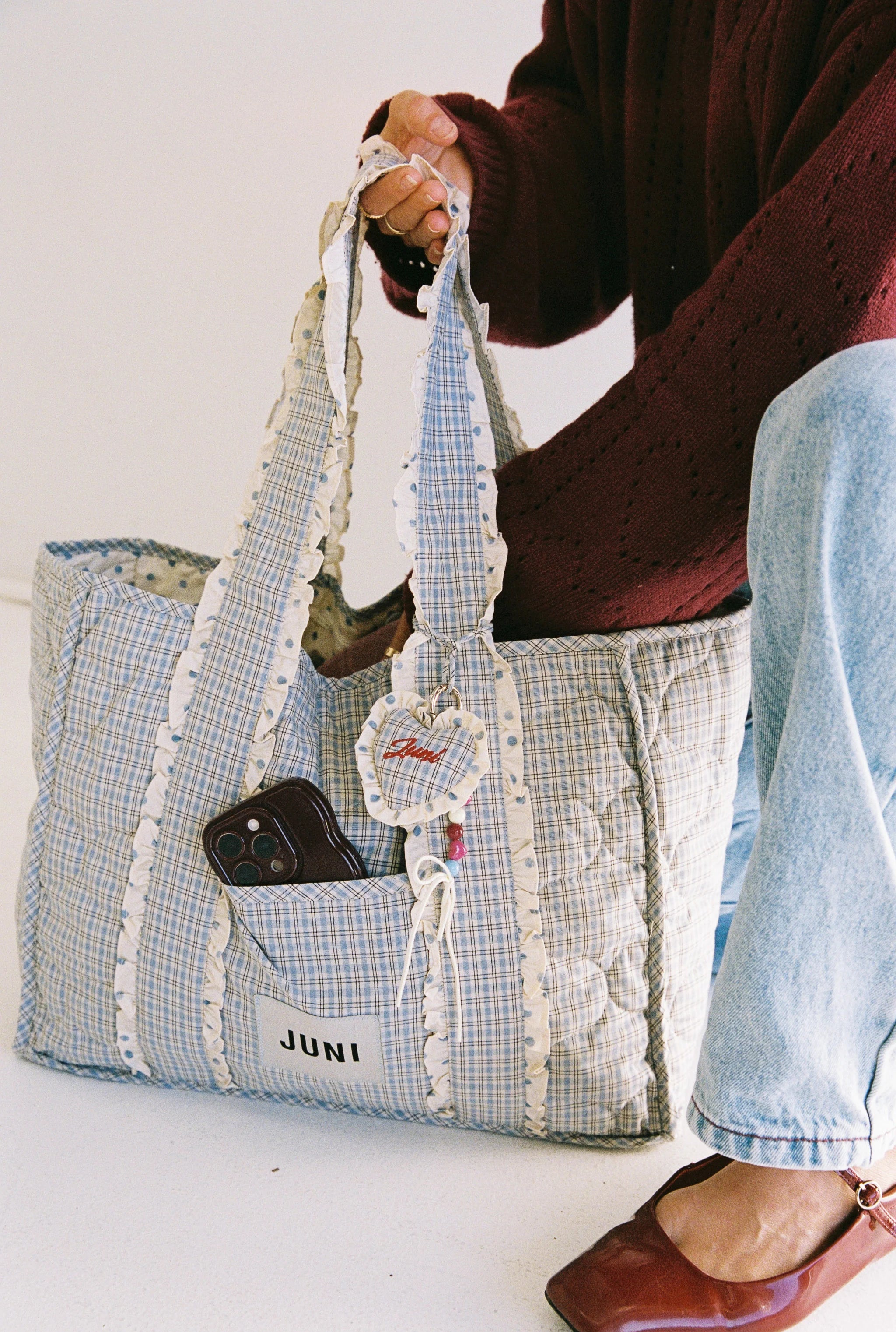 Heart Bag Charm blue check by JUNI on the Everything bag by Juni