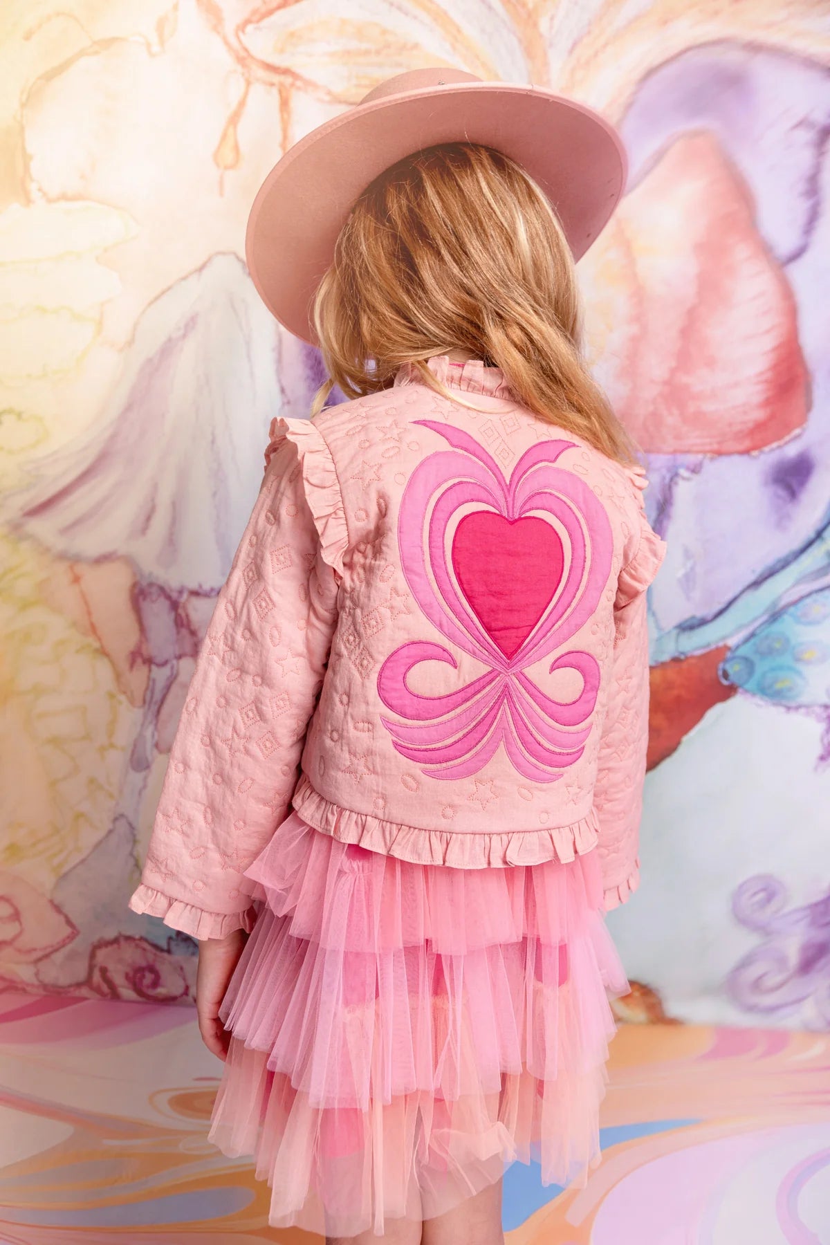 Girls pink cotton jacket with heart design. Heart Space Jacket by Tutu Du Monde