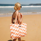 orange wave print water resistant beach bag