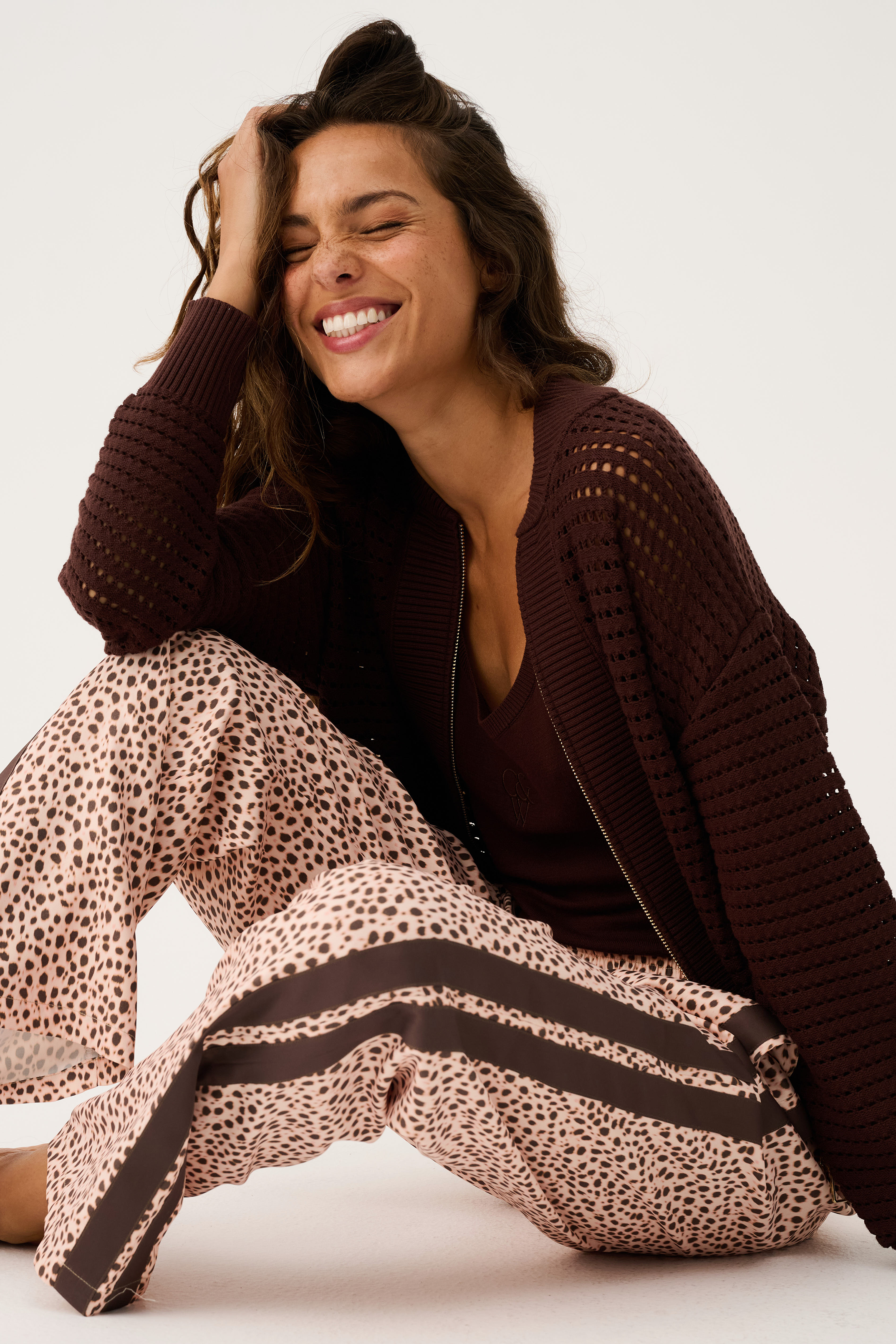 Heidi Pant in ocelot print with brown side stripes and drawstring waist detail