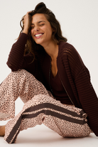 Heidi Pant in ocelot print with brown side stripes and drawstring waist detail