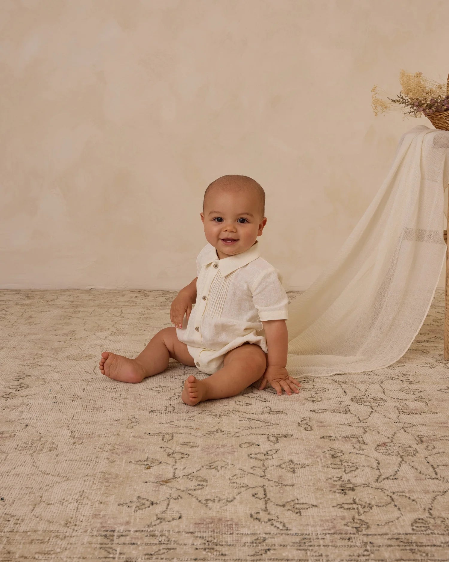 Henry Romper in Ivory by noralee - with piped chest detail and made from cotton poplin