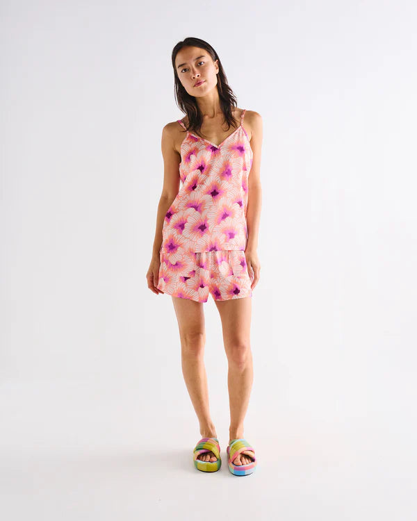 Womens short & singlet pyjama set by Kip & Co with pink and orange floral pattern made from eco satin