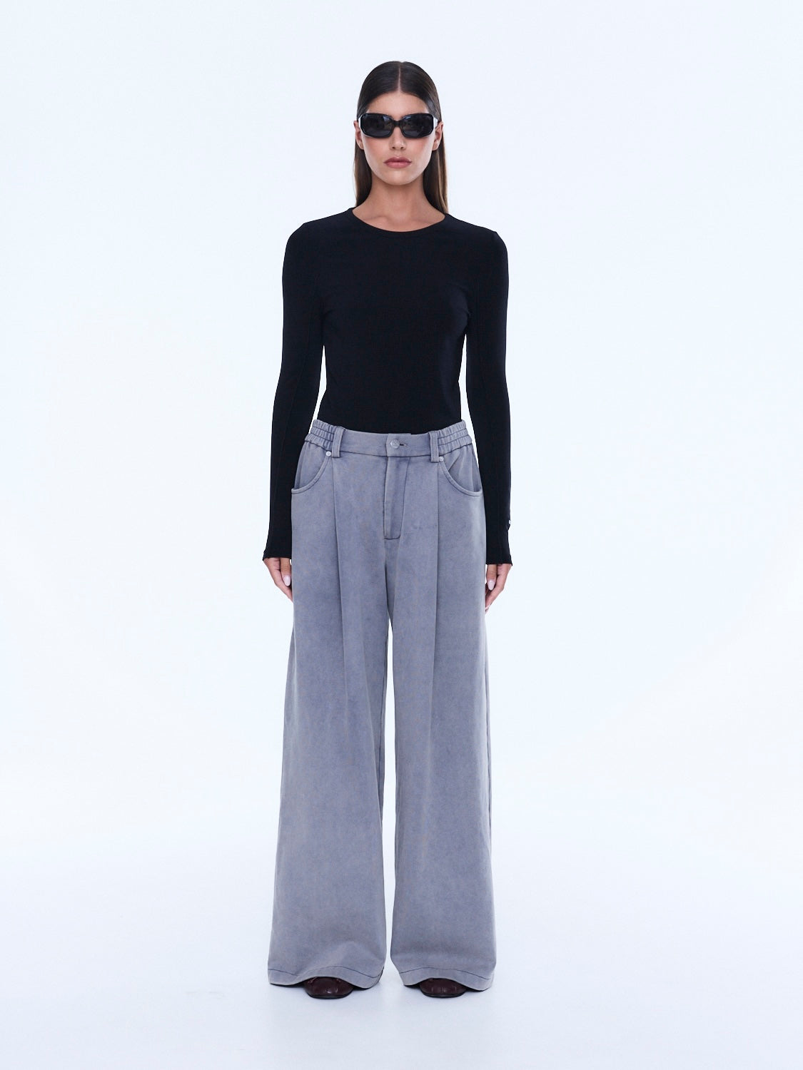 Full front view of dove grey jersey wide leg pants with elastic waist and relaxed fit
