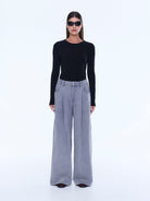 Full front view of dove grey jersey wide leg pants with elastic waist and relaxed fit