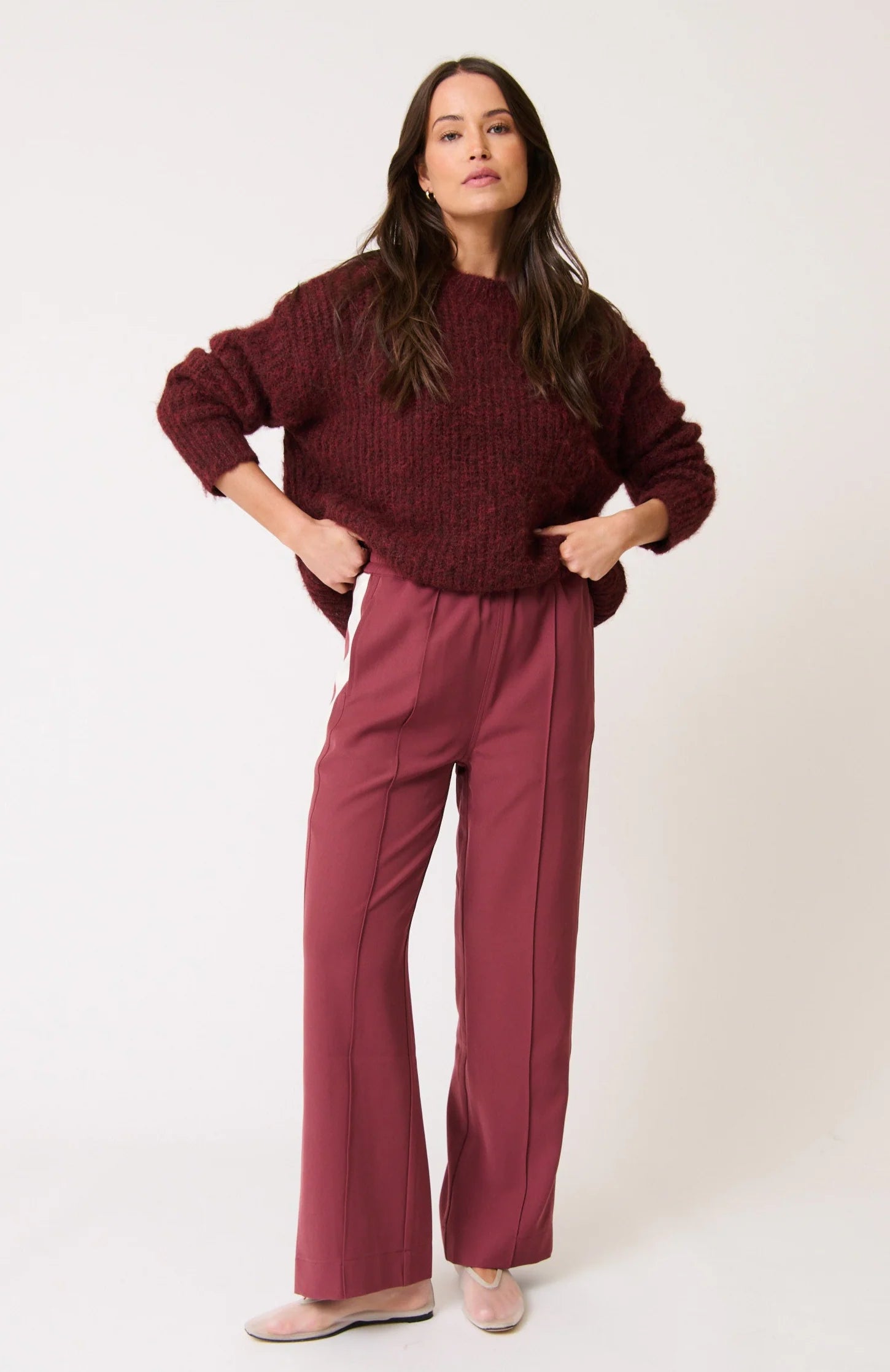 Indica Pants Plum by Cartel & Willow - burgundy womens pants with white stripe down the side