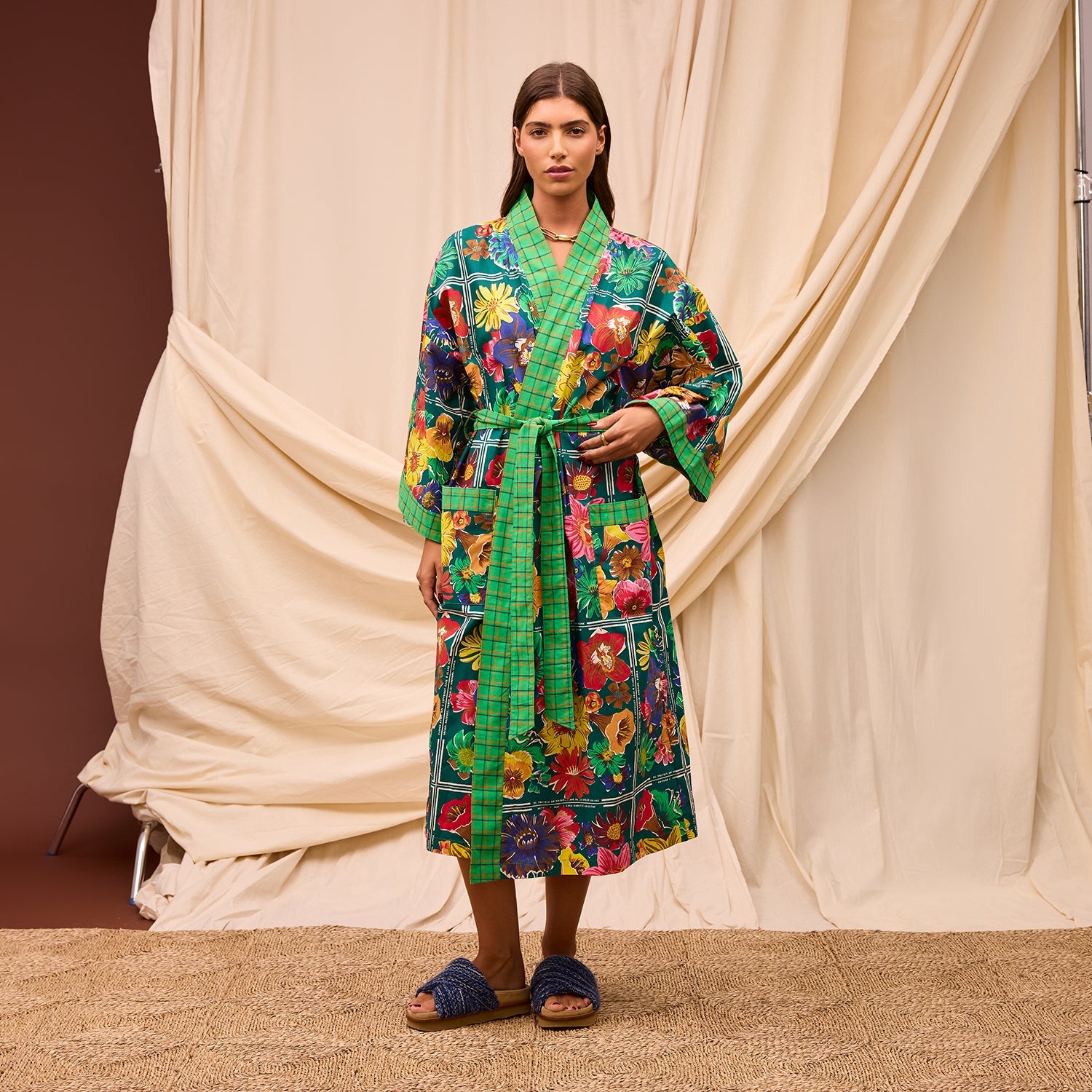 Full length view of Ines Cotton Robe displaying midi length and luxurious cotton construction