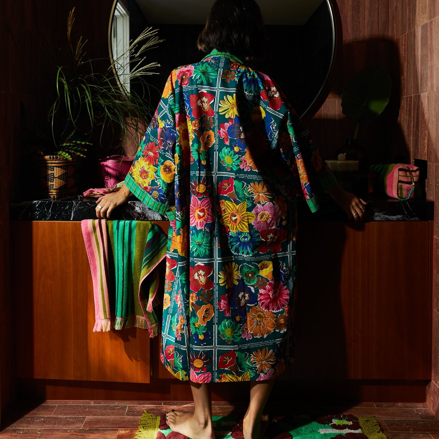 Rear view of Ines Cotton Robe displaying full back panel with bold floral and plaid pattern mix