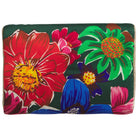 Back view of silk pouch displaying tropical floral print with red blue green flowers on dark background