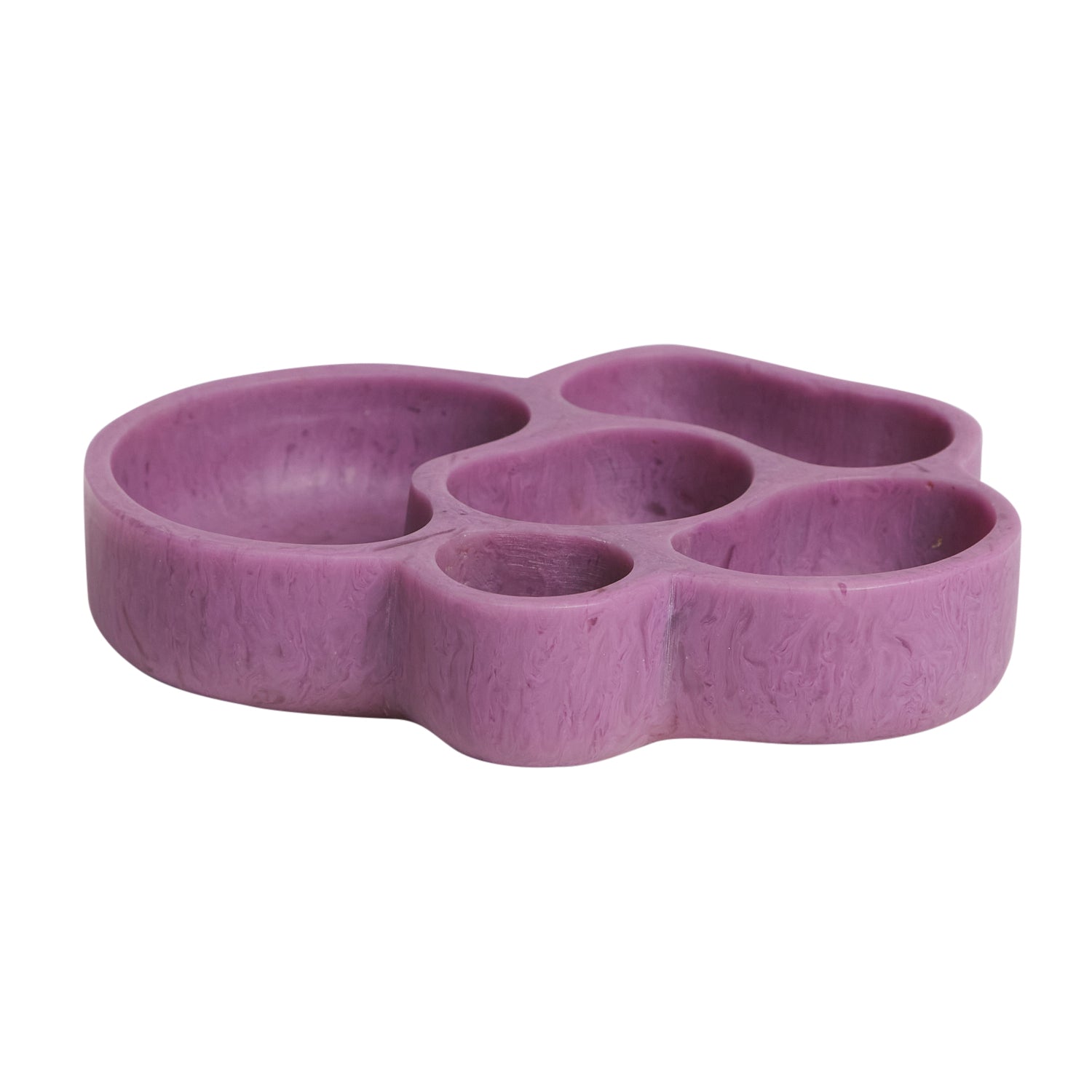 Orchid purple marbled cloud-shaped dish with five compartments, side angle view
