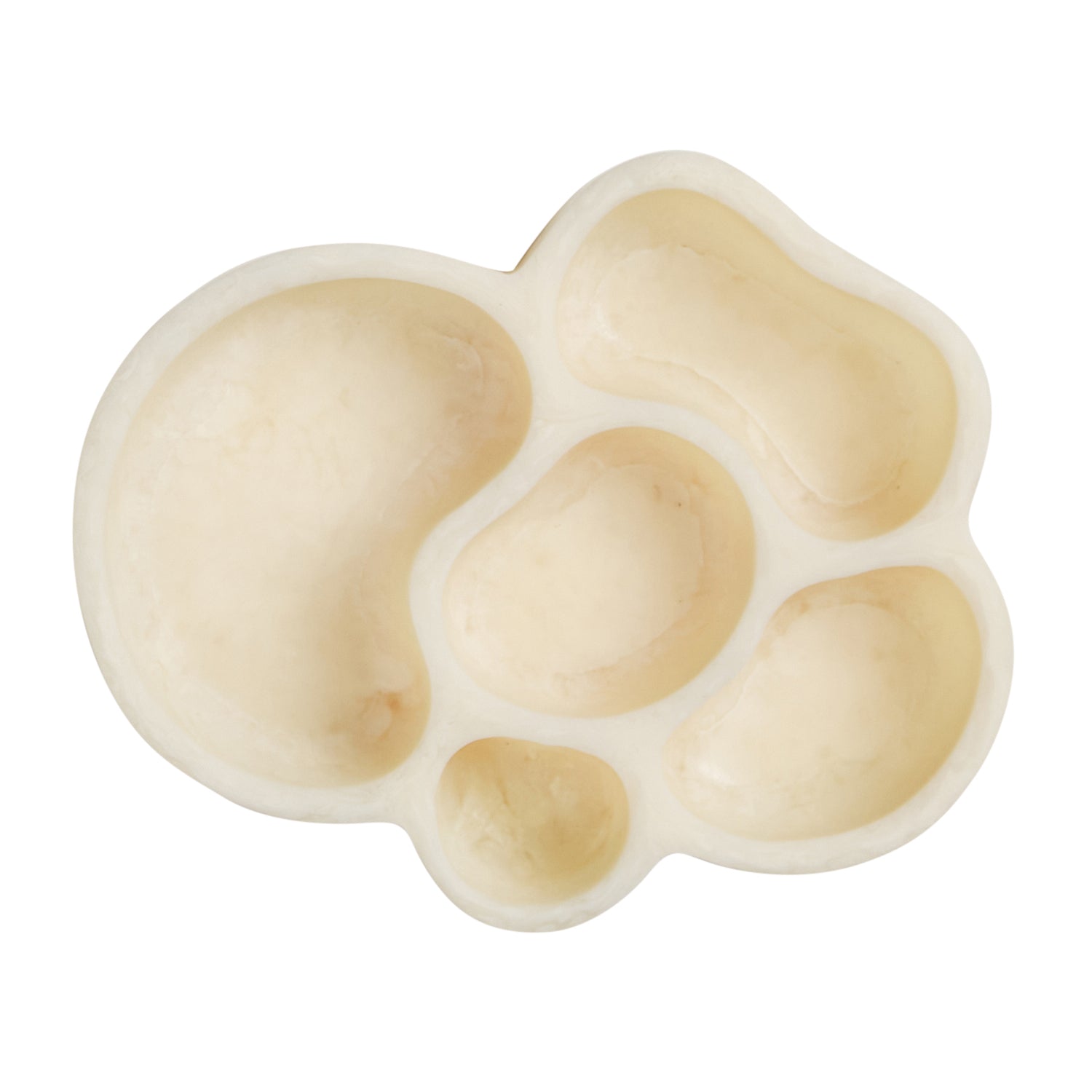 Top view of cream colored organic shaped dish showing five rounded compartments