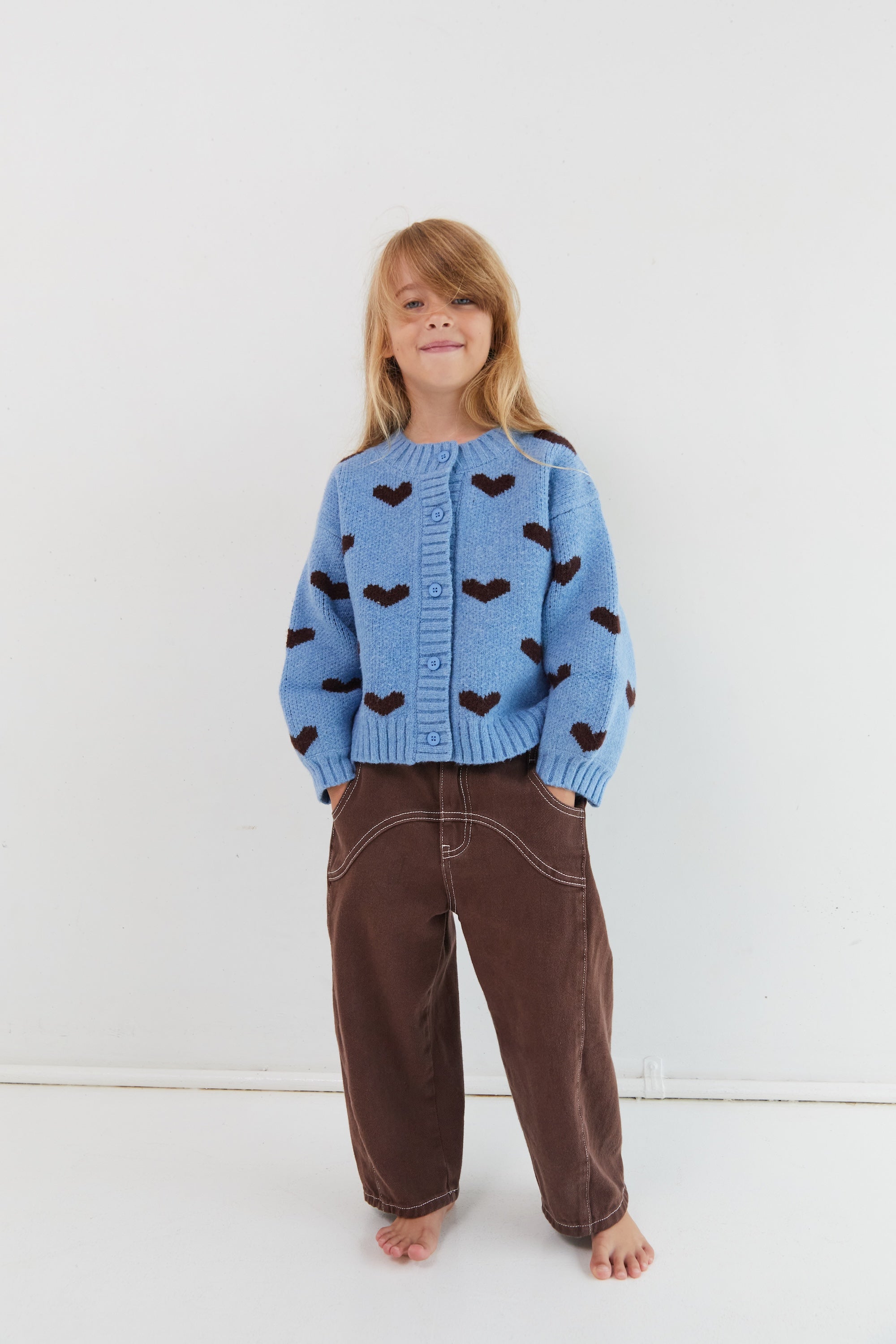 Hearts print cardigan ribbed neckline cuffs waist - blue knit jumper with brown hearts by Juni
