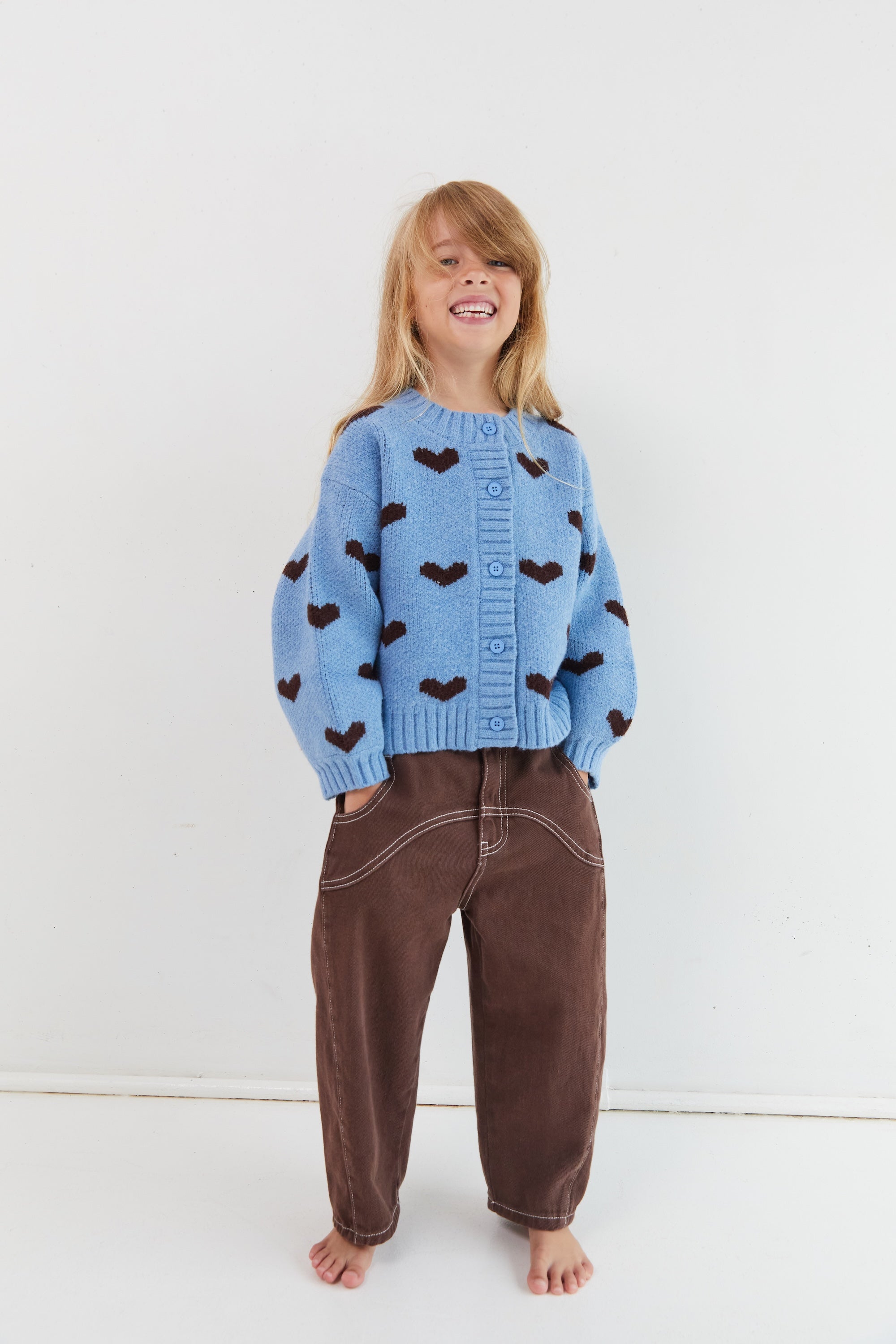 Kids button up cardigan polyester nylon blend Juni - Blue with brown hearts