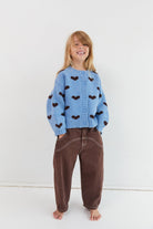 Kids button up cardigan polyester nylon blend Juni - Blue with brown hearts