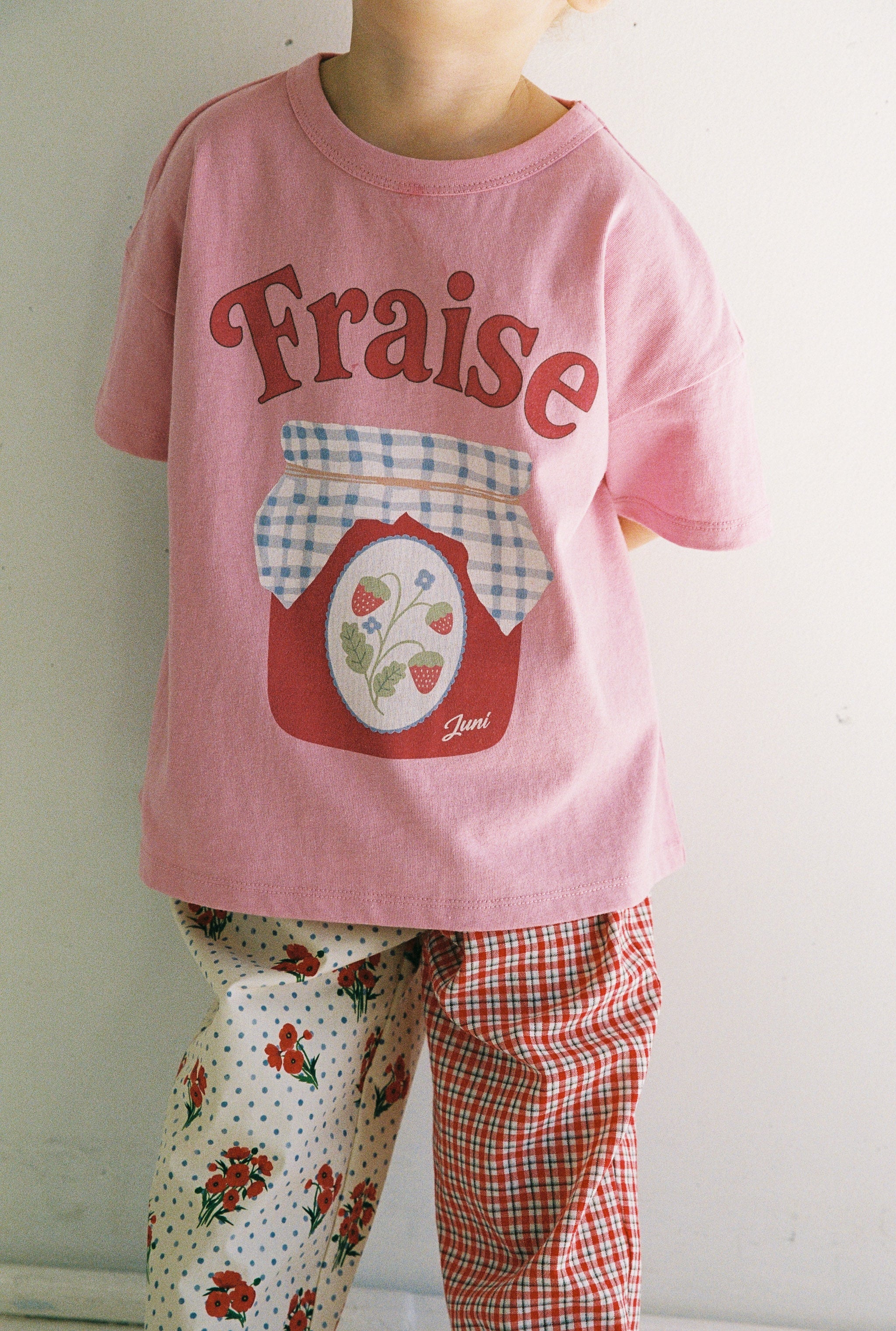 JNR fraise tee by Juni in pink GOT organic cotton