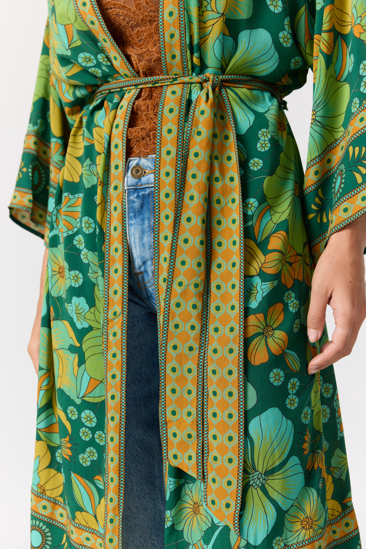 Emerald print robe with separate belt tie
