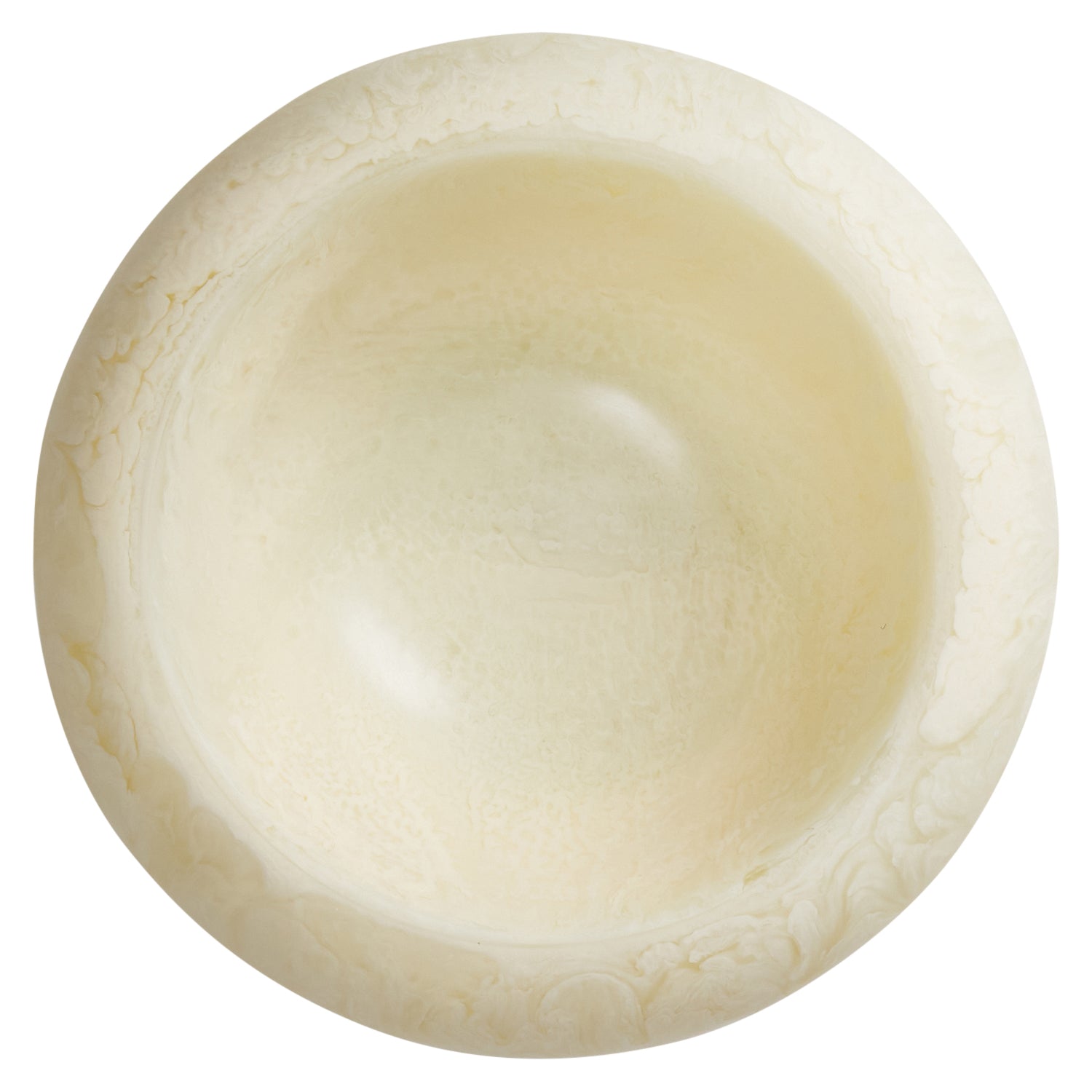 Overhead view of cream ivory marbled resin Jeanne Bowl showing wide rim and smooth circular interior