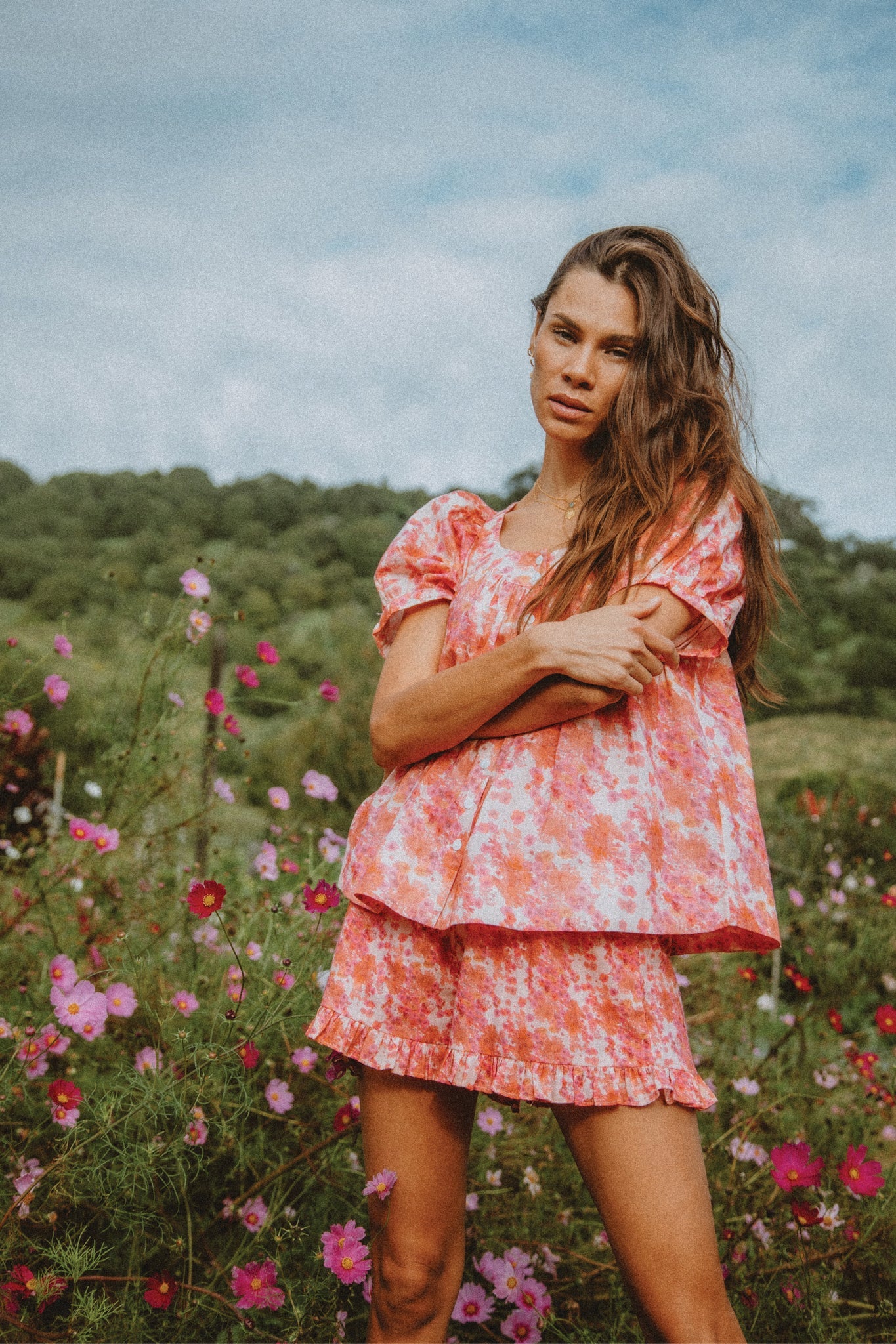 Jenny Shorts - Rosy by Marigold Mustang - Pink and Sunset colours with a frilled hem line