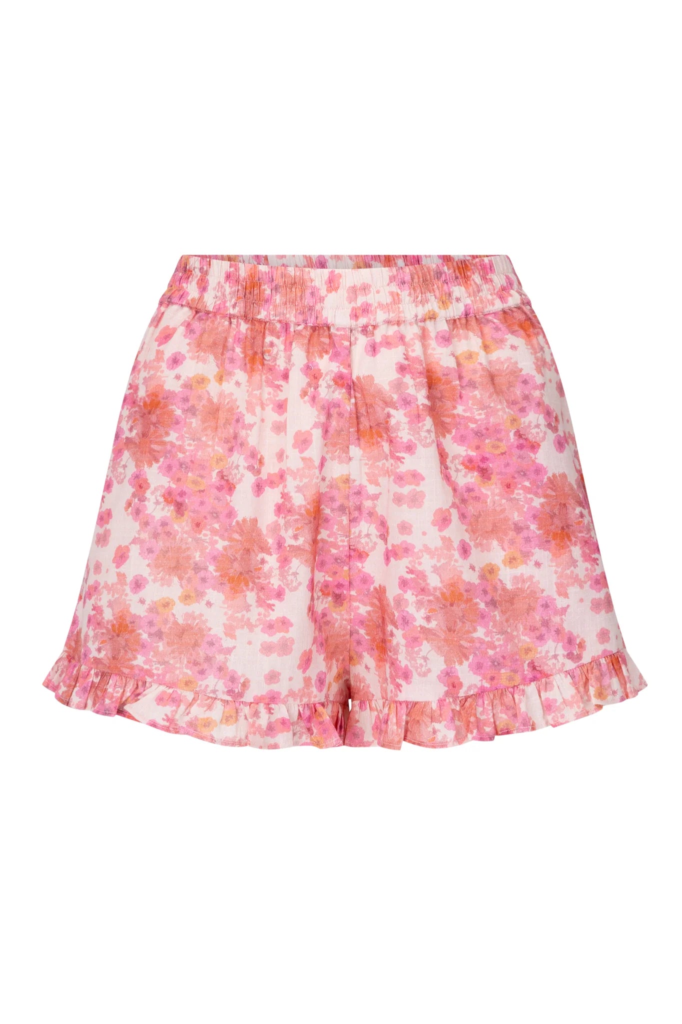 Jenny Shorts - Rosy by Marigold Mustang. Pink, Orange sunset colour floral shorts with frilled hem for women